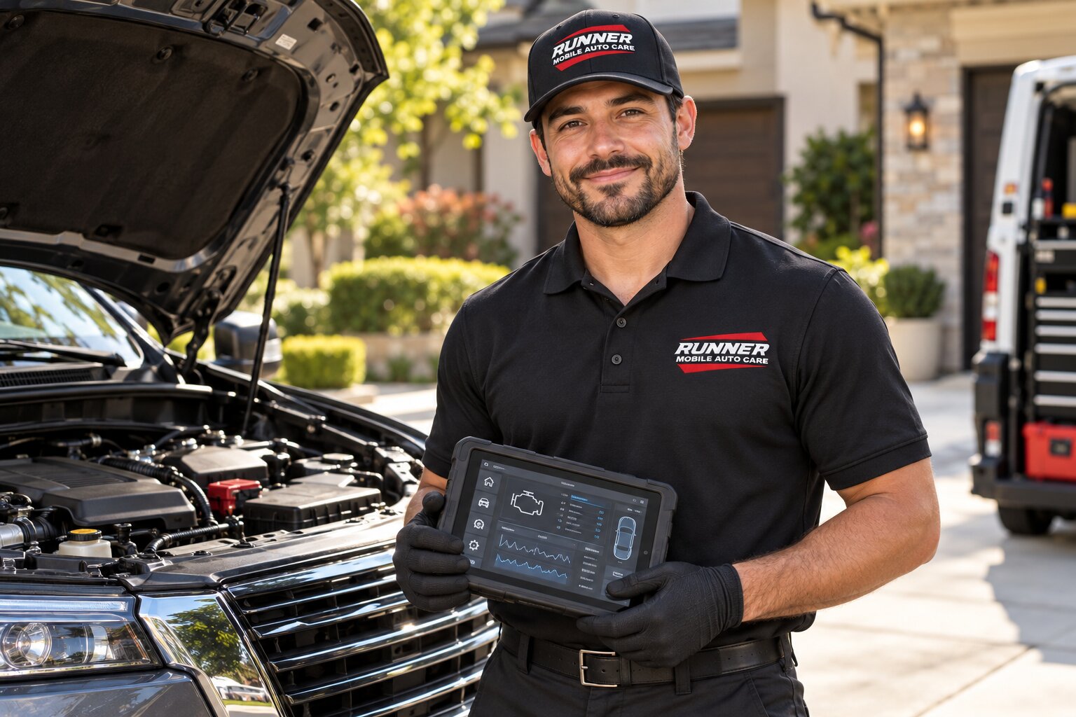 Runner Mobile Auto Care mechanic holding a diagnostic tablet beside an SUV in a Jacksonville driveway